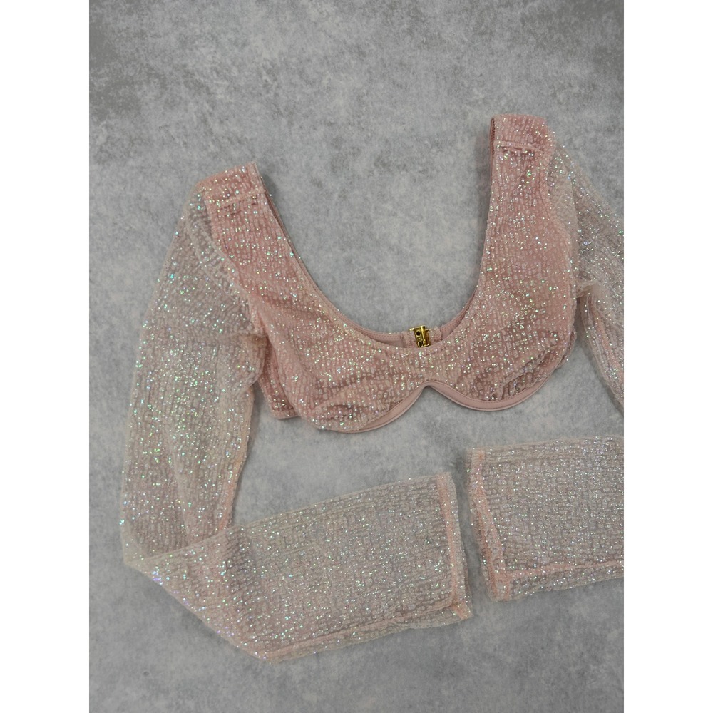 Beginning Boutique Pink Sequin Long Sleeve Underwire Crop Top Festival Size 2